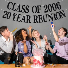 Happy 20th Anniversary Banner, Class of 2006 20 Years Later, Welcome Back, Class Reunion Graduation Memory Party Decorations Supplies, Black Glitter