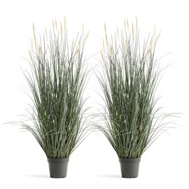 Faux 4ft 2-Pack Horsetail Reed Grass with Pink Spikes, 48in Tall Indoor Outdoor Fake Grass in Pot, Home Office Decorative Artificial Plant & Greenery, Wedding Decor Green Bristlegrass