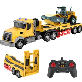 CALEST Remote Control Semi Truck with Trailer -24 Inch RC Semi-Trailer Engineering Tractor with Road Roller Toys,1:24 Truck with LED Lights & Music, Great Gift for Boys Girls
