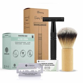 Bamboozy Safety Razor Starter Kit, Shaving Soap and 20 Razor Blades - Safety Razor for Men and Women - Aluminium - Zero Waste - Double Edge Wet Razor - Black