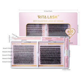 RITALASH Lash Extension Kit 400Pcs,DIY Individual Lashes Clusters Kit,Lash Bond And Seal,Lash Remover For Eyelashes Extensions (30D+40D Cluster Kit)