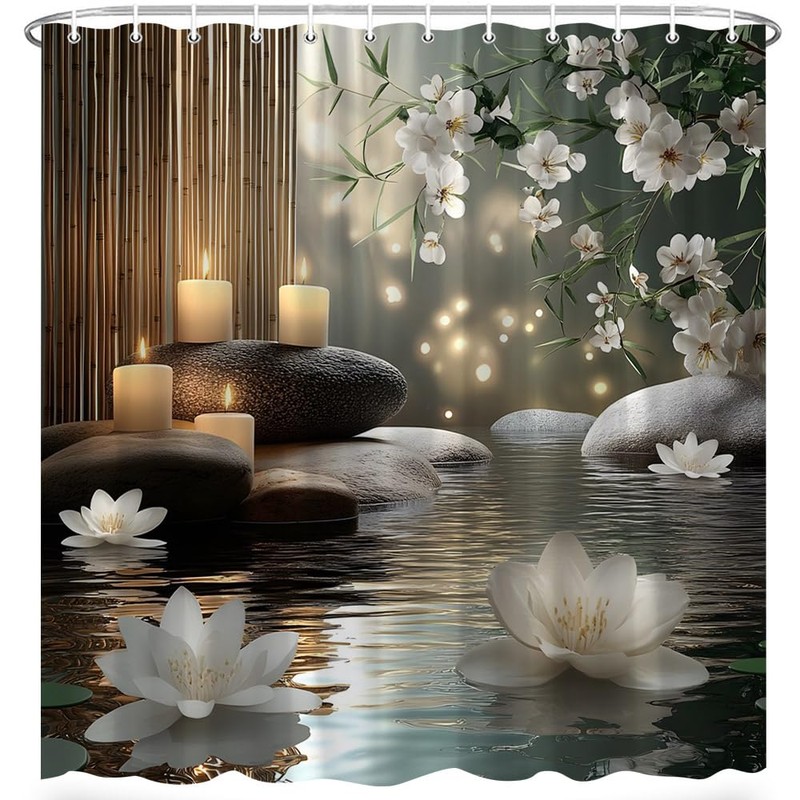 EUBTPA Lotus Zen Bamboo Shower Curtain Stone Spa Floral Flowers