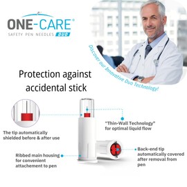 ONE-CARE Duo Safety Pen Tips 31G x 3/16'' (5mm), Dual Shield Auto Protection, Universal Fit, Sterile, 100/bx, Comfortable