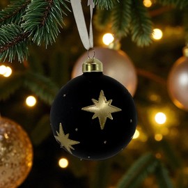 Black and Gold Star Ornaments - Blown Glass Holiday Christmas Tree Decorations, Set of 3