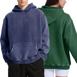 FAIABLE 2 Pack Acid Wash Oversized Vintage Unisex Heavyweight Distressed Cotton Fleece Washed Hoodie for Men Women Couples Streetwear College Green Blue