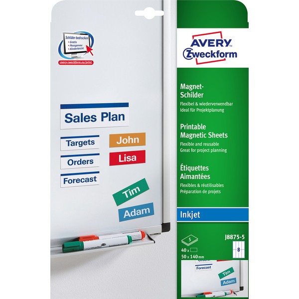 Avery Zweckform J8875-5 Printable Magnetic Sheets with Special Coating 50 x 140 mm 5 Sheets / 40 Labels White