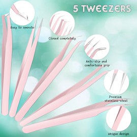 Pack of 5 Tweezers for Eyelash Extensions Eyelash Tweezers Sets with Box Eyelash Extension Volume Tweezers Stainless Steel Eyelash Tweezers Eyelash Curved Tweezers for False Eyelash Application (Pink)