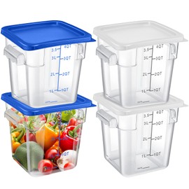 Maxcheck 4 Pcs 4Qt Food Storage Container with Lids Set Square Clear Commercial Containers with Scale and Handle Space Saving for Home Kitchen Restaurant Proof Dough Marinating Meat (White, Blue)