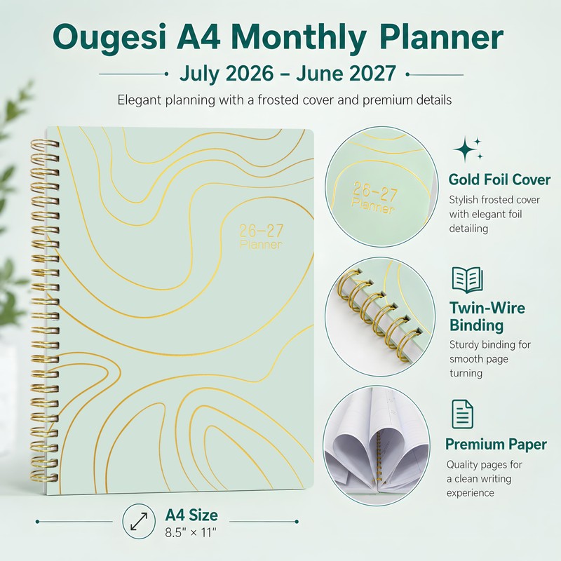Planner 2026-2027, Weekly & Monthly Academic Planner, A4, Mint Green