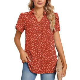 POPYOUNG Plus Size Ladies Tops Chiffon Blouse Business Tunic Petal Short Sleeve Office Shirts for Work 2XL, Orange red dot