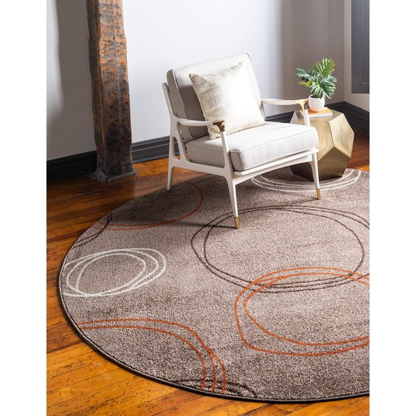 Unique Loom Autumn Collection Modern Contemporary Casual Abstract Area Rug, 8 ft 0 x 8 ft 0 Round, Light Brown/Terracotta Circles