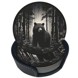 Famame 6 Pcs Black Bear Night Trees Leather Coasters for Drinks with Holder Coaster Sets Drink Table Cup Coasters for Living Room Kitchen Coffee Decor