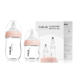 Gulicola Natural Glass Baby Bottle Newborn Set, 3 oz and 5 oz with Extra Slow Flow & Slow Flow Nipple, Anti Colic, 0-3 Months, 2 Pack - Pink