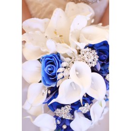 IFFO Royal Blue Bouquet, Bridal Bouquets for Wedding，White Calla Lily Bridal Bouquet, Water Drops Waterfall Shape, Luxury Jewelry Bouquet Romantic Wedding (Have Jewelry)