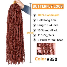 ZRQ Butterfly Locs Crochet Hair 24 Inch Copper Red Distressed Faux Locs Crochet Braids,Handmade 350 Goddess Locs Synthetic Hair Extensions（6 Pack,350#)