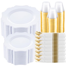 COLOSUS 350pcs White Plastic Plates Disposable Gold Cutlery Dinnerware set for party: 50 Dinner Plate, 50 Dessert Plate, 50 Per Rolled Napkins with Gold Silverware, 50 Cups 9 OZ for Wedding & Party