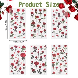 Rose Stickers, 6 Pcs Transparent Decals for Crafts Waterproof Flower Stickers Vintage Red Vinyl Flower Themed Decals for Scrapbook Supplies Card Making Journaling Water Bottles DIY Crafts Decoration