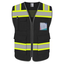 TCCFCCT Safety Vest for Men Women 5 Pockets Mesh High Visibility Reflective Vest with Reinforced Zipper, Durable Construction Work Vest with Fluorescent Orange Edge, Meets ANSI/ISEA, DW-Black, L