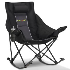 Unisakey Oversized Rocking Camping Chair with Headrest & Cup Holder - 400lbs Capacity, 600D Oxford Fabric, Easy Fold Portable Outdoor Rocker Chair for Camping, Backyard, Beach, DEEP Gary