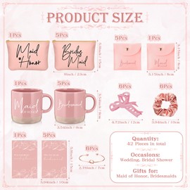 Didaey 42 Pcs 6 Sets Bridesmaid Proposal Gifts Wedding Maid of Honor Gifts Ceramic Coffee Cups Cosmetic Makeup Bags Invited Cards Scrunchies Knotted Bracelets Jewelry Bags Hair Claw Clips(Pink)