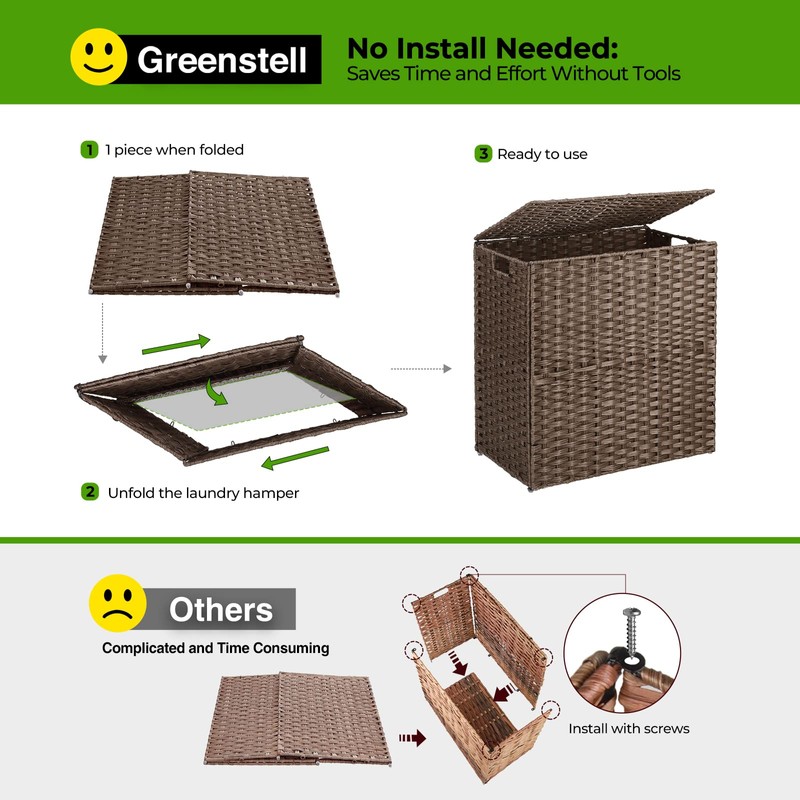 GREENSTELL Laundry Hamper with lid, No Install Needed, 110L Wicker