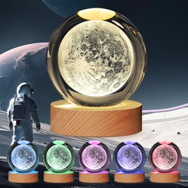 JHXLAMP 3D Solar System Crystal Ball Night Light,3.15 inch Glass Ball Lamp 7 Color Changing for Bedroom Decor Lamp,Christmas Gifts Birthday Gift for Men,Women,Boys,Girls,Teens (Moon Lamp)