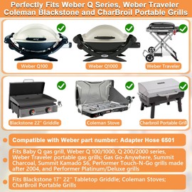 Propane Hose for Weber Adapter Hose 6501, for Weber Q Grill Parts Weber Q SER, Gas Go-Anywhere Grills, for Weber Traveler Portable Gas Grill, Summit Charcoal, Kamado S6 & Select Performer Models, 6FT