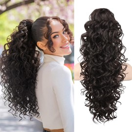 SEIKEA Ponytail Extension, 24" Fluffy Long Wavy Curly Claw Clip Hair Extensions Ponytail Multi-layered Clip in Fake Pony Tails Natural Soft Synthetic Hairpiece Black Brown