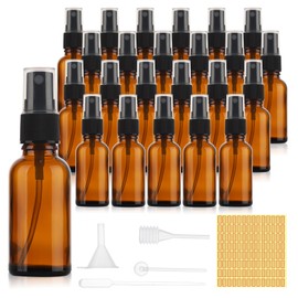 RAMFIYN 24 pack 1oz Spray Bottle Amber Glass Travel Atomizer for Perfume Essential Oils TSA Approved Refillable Small Sprayer with Labels and Dispensing Tools