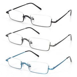 DXYXYO 3 Pack Half Moon Reading Glasses for Women 2.0, Metal Semi Rim Mens Readers with Spring Hinge, Black Grey Blue