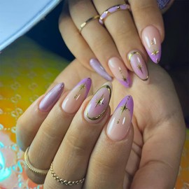 Purple French Tip Press on Nails Medium Almond Fake Nails with Gold Stars Design Nude Purple Gradient Stick on Nails Stiletto False Nail Glossy Acrylic Full Cover Glue on Nails for Women 24Pcs