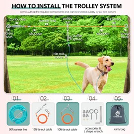 Professional Dog Runner Trolley System，Heavy Duty & Adjustable 90ft Dog Zip Line with 10ft & 15ft Tie Out for Large Dogs Up to 250lbs, Chew Proof Dog Run Cable for Yard, Camping & Outdoor Adventure