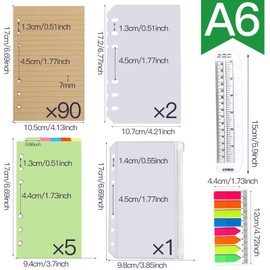 FANDAMEI Lined Kraft Paper Refill Papers Set, 6 Holes Craft Paper A6 Refillable Note Paper 90 Sheets, 7 Pieces Dividers, 320 Pieces Sticky Notes, 15 cm Ruler, 1 Piece Envelope Bag