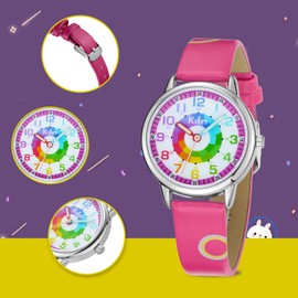 KDM Children's Watch Girls Boys Waterproof Cartoon Watch Children Girls Time Leather Teaching Wrist Watch Children's Watch Analogue, B-2【Rainbow Circle】Red, Strap.