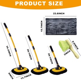 Car Wash Mop with Long Handle 15° Curved Extension Microfiber Scratch-Free Car Wash Brush with 1300GSM Thickened Drying Towel & Soft Bristle Tire Brush Complete Car Wash Kit (Yellow & Black)