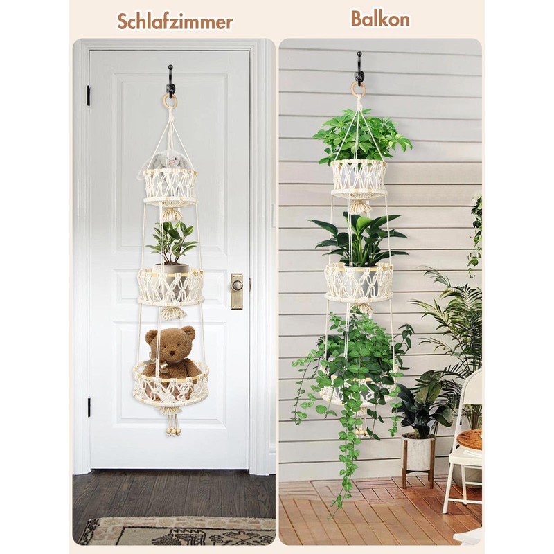 SAUNNIHEN 3-Tier Hanging Fruit Basket, Bamboo Hanging Basket Fruit, Space-Saving