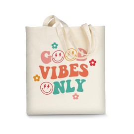 AUSVKAI Canvas Tote Bag Aesthetic for Women Cute Grocery Bag Cotton Beach Totes Gift-Good Vibes Only