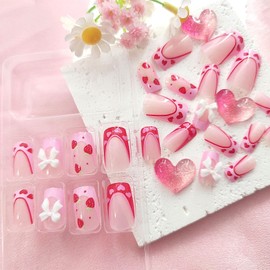 Medium Press on Nails Square Valentines Fake Nails with French Tip Heart Strawberry Design 3D Bow Glue on Nails Press ons Light Pink False Nails Valentine's Day Stick on Nails for Women 24Pcs
