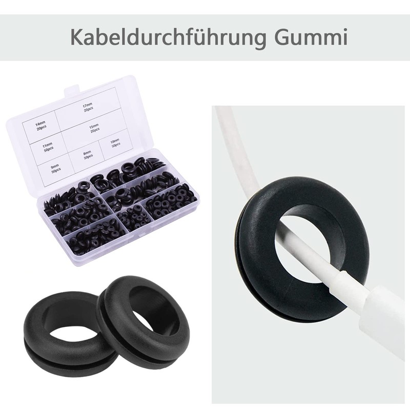 luckaide Pack of 260 Rubber Cable Grommets, Black Rubber Grommets,