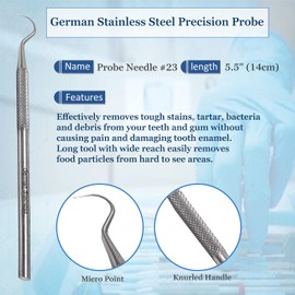 A2Z- 6pc Dental Pick Oral Care & Hygiene Hook Probe #23, Tooth Scraper Tartar & Plaque Remover Professional,Personal & Pet Oral Care Use - Tooth Cleaning at Home - 100% Stainless Steel, 5.5" Length