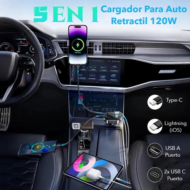5en1 Cargador Para Auto Retráctil 120w Carga Rápida De Coche