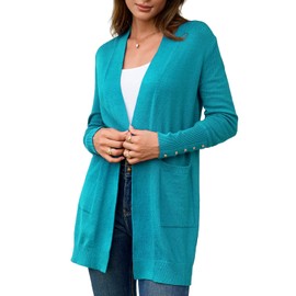 BB&KK Women's Open Front Cardigan Sweaters Button Cuff Long Sleeve Knit Tops Casual Fall Coats Outerwear with Pockets Light Blue L