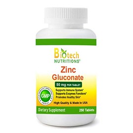 Biotech Nutritions Zinc Gluconate 50 mg 250 Tablets Made in USA Vegetarian/Vegan Zinc Gluconate