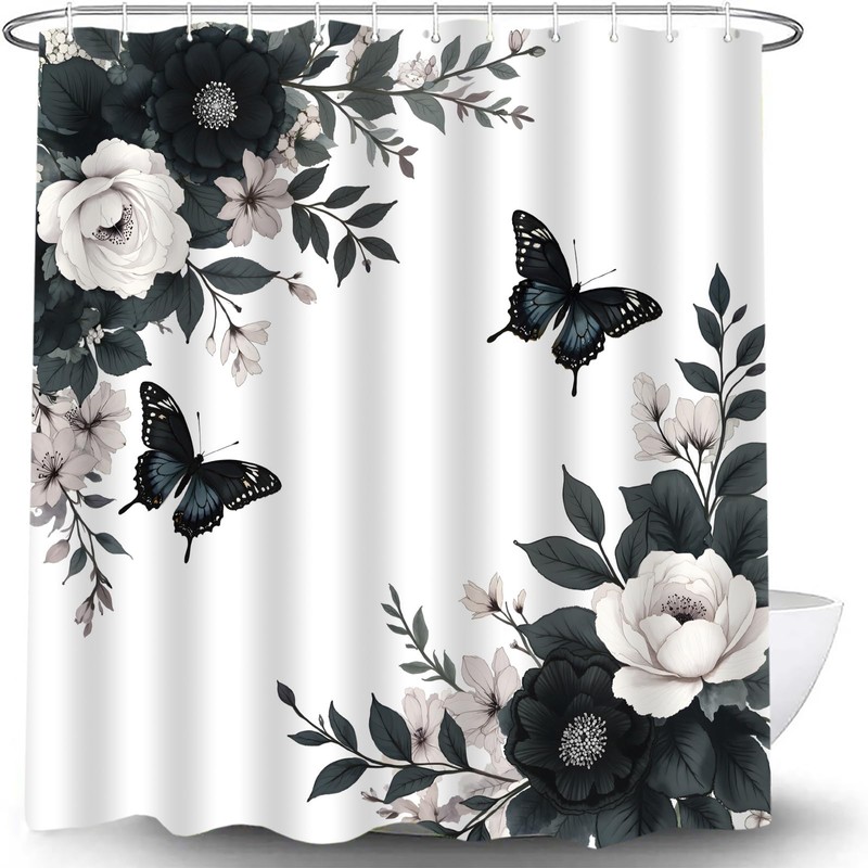 CWHCWA Black Grey Floral Shower Curtain, 70x70 Inch