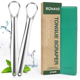 RONAVO Rascador de lengua con fundas de viaje para adultos y niños, fácil de usar, acero inoxidable (grado médico), combate el mal aliento, cuidado bucal saludable, limpiadores de lengua para boca pequeña (paquete de 2)