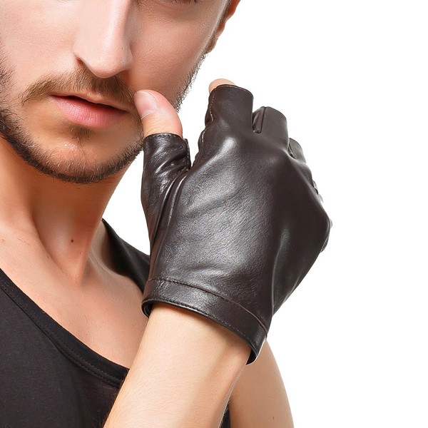 Men Fingerless Gloves - Nappaglo Lambskin Leather Half Finger Driving
