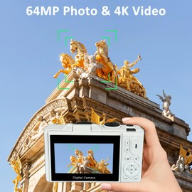 eDealz 4K 64MP Digital Camera Kit for Photography, Vlogging for YouTube with Flip Up Screen, 18x Zoom, Wide Angle Lens, Filters, 2X 64GB Micro SD Cards, 50" Tripod, Case, Card Reader, Microphone, LED+