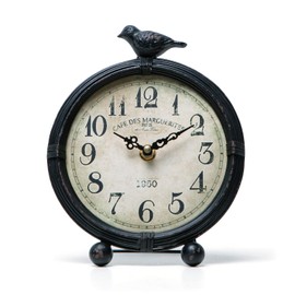 NIKKY HOME Vintage Table Clock with Bird, Metal Desk Clocks Battery Operated Black Retro Table Clock on Stand Decorative Desk Clock for Bedroom Living Room Shelf