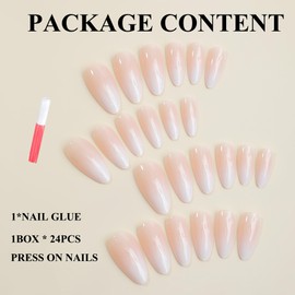MERVF Almond Press on Nails Medium Fake Nails White Ombre French Tip Stiletto Glue ons with Solid Color Design Acrylic Nail for Women 24pcs Glossy