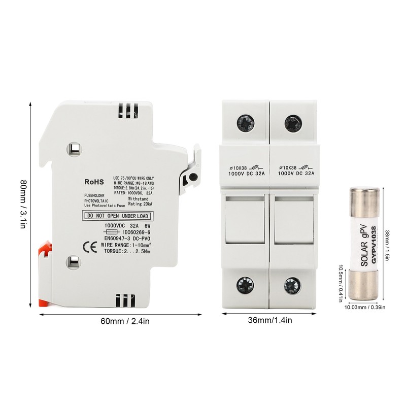 DC Fuse Holder Quick Breaking 2P 32A 10x38 Photovoltaic Fuse